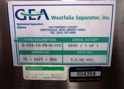 Westfalia CSC 6-06-076 hydro-hermetic clarifier skid, 316L SS.