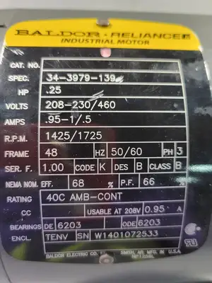 1/4 hp, 208/230-460 volts, 1425/1725 rpm, 48, Electric Motor