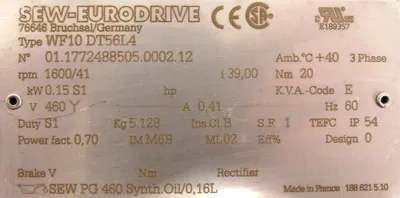 NEW SEW EURODRIVE WF10 DT56L4 GEAR MOTOR 460V WF10DT56L4
