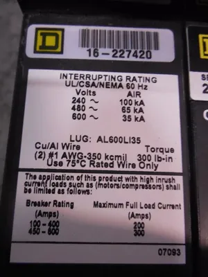 Square D LX36100 Electronic Trip Circuit Breaker 100A 600VAC no Rating Plug Used