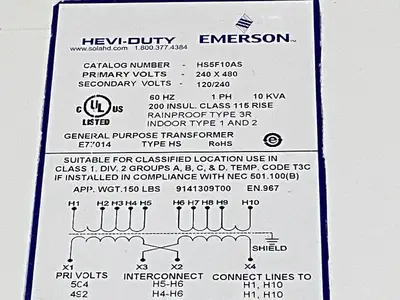 New | in-Stock Emerson Encapsulated Transformer 1-Phase 240X480-120/240 10kVA Transformers Michigan US | Maverick Industrial Sales #1402395