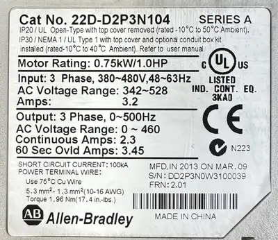 Allen Bradley 22d-D2P3N104 Ser A PowerFlex 40 - EACH (BIN 1.4.3)