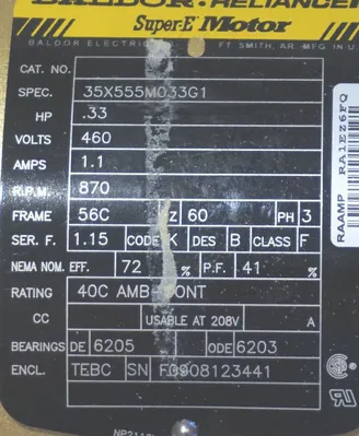 NEW BALDOR RELIANCE 35X555M033G1 SUPER-E MOTOR, .33HP, 870RPM