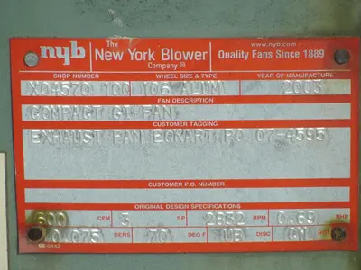 USED NEW YORK BLOWER CO COMPACT GI FAN