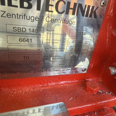 Siebtechnik S/S Decanter Centrifuge Type SBD 140