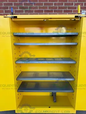 USED VWR 45 GALLON FLAMMABLE LIQUID STORAGE CABINET W/ SOFT CLOSE DOORS, KEY