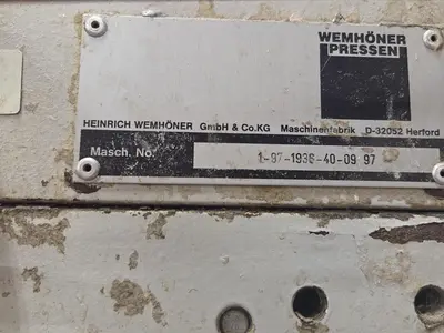 WEMHONER 5’ x 10’ SINGLE-OPENING SHORT-CYCLE FEED-THROUGH HOT PRESS WITH AUTOMATIC MATERIAL MEASURING/PRESSURE SYSTEM