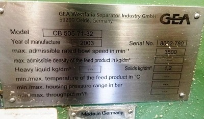 Westfalia CB 505-71-32 decanter centrifuge, 316L SS.