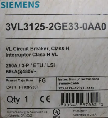 NEW SIEMENS 3VL3125-2GE33-0AA0 CIRCUIT BREAKER 250A 3VL31252GE330AA0