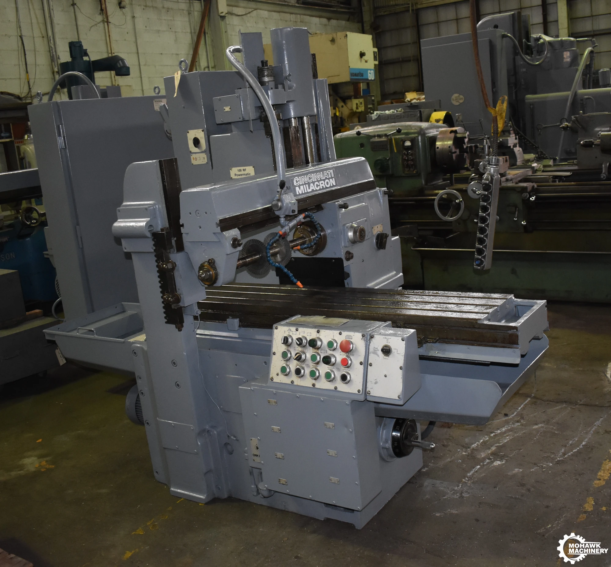 107-122 CINCINNATI-MILACRON "POWERMATIC 100 RF" HORIZONTAL-SPINDLE PRODUCTION MILL w/RISE & FALL HEAD TRAVEL - OUTBOARD SUPPORT