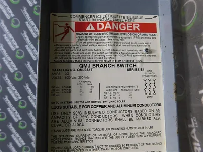 Square D QMJ361T Branch Switch Series E1 30A 600VAC 250VDC 20HP Used