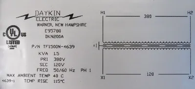 NEW DAYKIN GOMDGT-1.5-380 TRANSFORMER DKN200A TF1500N-4639 PRI.380V SEC.120V