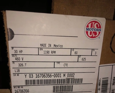 30 hp 1190 rpm 460v Frame 326T US Motors AC Motor , Unused