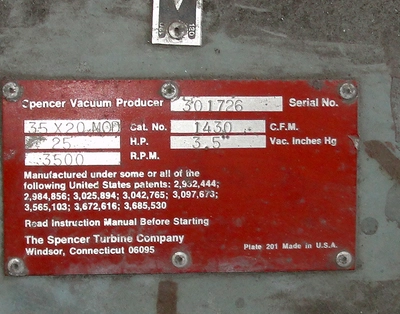 USED SPENCER VACCUM PRODUCER 35 X 20 CAT NO.