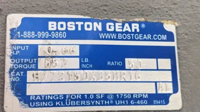 110047.00,HF72150KB5HP16 | Leeson 110047.00 Electric Motor w/ Boston Gear HF721-50K-B5-HP-16 Speed Reducer - Used