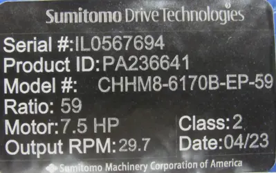 NEW SUMITOMO CHHM8-6170B-EP-59 GEARMOTOR 7.5HP 59:1 HN2088197 CHHM86170BEP59