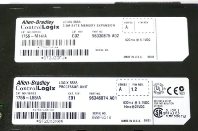 USED ALLEN BRADLEY 1756-L55/A PROCESSOR REV. E01 W/ 1756-M14 MEMORY SER. A 1756L55