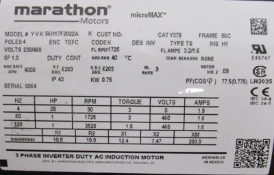 NEW MARATHON Y378 MOTOR 1HP 1725RPM 230/460V 5/8" DIA.