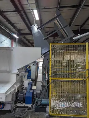 USED VECOPLAN RG 42/30 SWU SINGLE SHAFT SHREDDER + AUGER DISCHARGE & PADDLE TAKE-A-WAY CONVEYOR