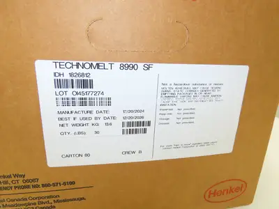 Henkel 8990 Technomelt Hot Melt Adhesive Glue 30lbs Carton BB 12/20/2026