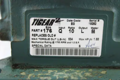 Reliance Electric P56H1337H Motor 3/4HP 1725RPM w/Dodge Tigear 10:1 Gear Reducer
