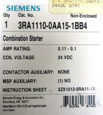NEW SIEMENS 3RA1110-0AA15-1BB4 COMBINATION STARTER 3RA11100AA151BB4