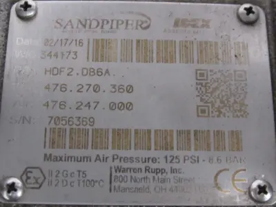 USED WARREN RUPP HDF2.DB6A DIAPHRAGM PUMP HDF2DB6A