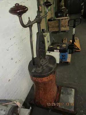 2644-385 Antique Rare Hand Operated Screw/Fly Press with Round Wood Base Circa 1880