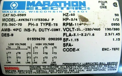 NEW MARATHON ELECTRIC G589 MOTOR 3/4HP 208-230/460V 1140 RPM AVK56T11F5308J