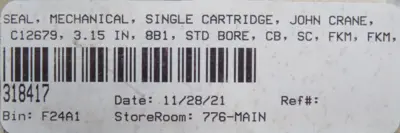 NEW JOHN CRANE C12679 SEAL ASSY 3.15"