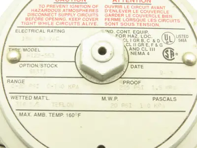 United Electric H122-553 Pressure Switch 0-20PSI 0-140KPA 480VAC