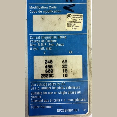Cutler Hammer 3 Pole 70 Amp FD Breaker