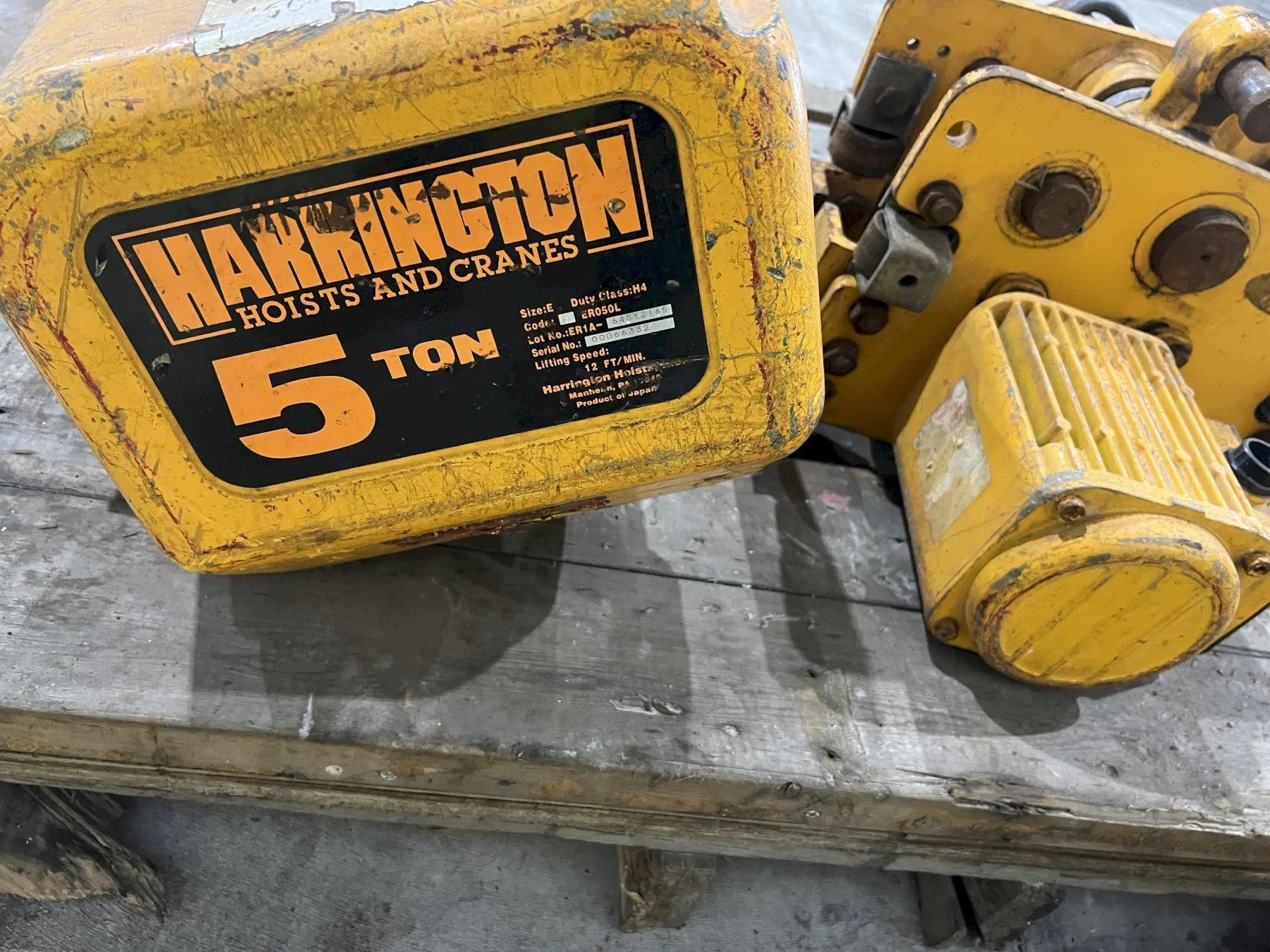 10,000 LB (5 TON) HARRINGTON MOTORIZED CHAIN HOIST W/ POWER TROLLEY: STOCK #19956