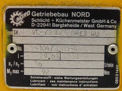 Nord SK02 VL71L/4BRE8WU Inline Gearmotor .25kW 230/460V 3PH 29.6:1 56rpm w/Brake