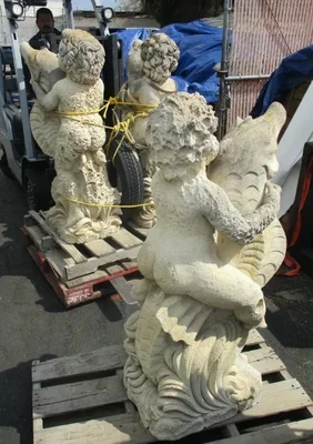 Group of Four Antique Vicenza / LimeStone Carved Angels on Seahorses Fountains