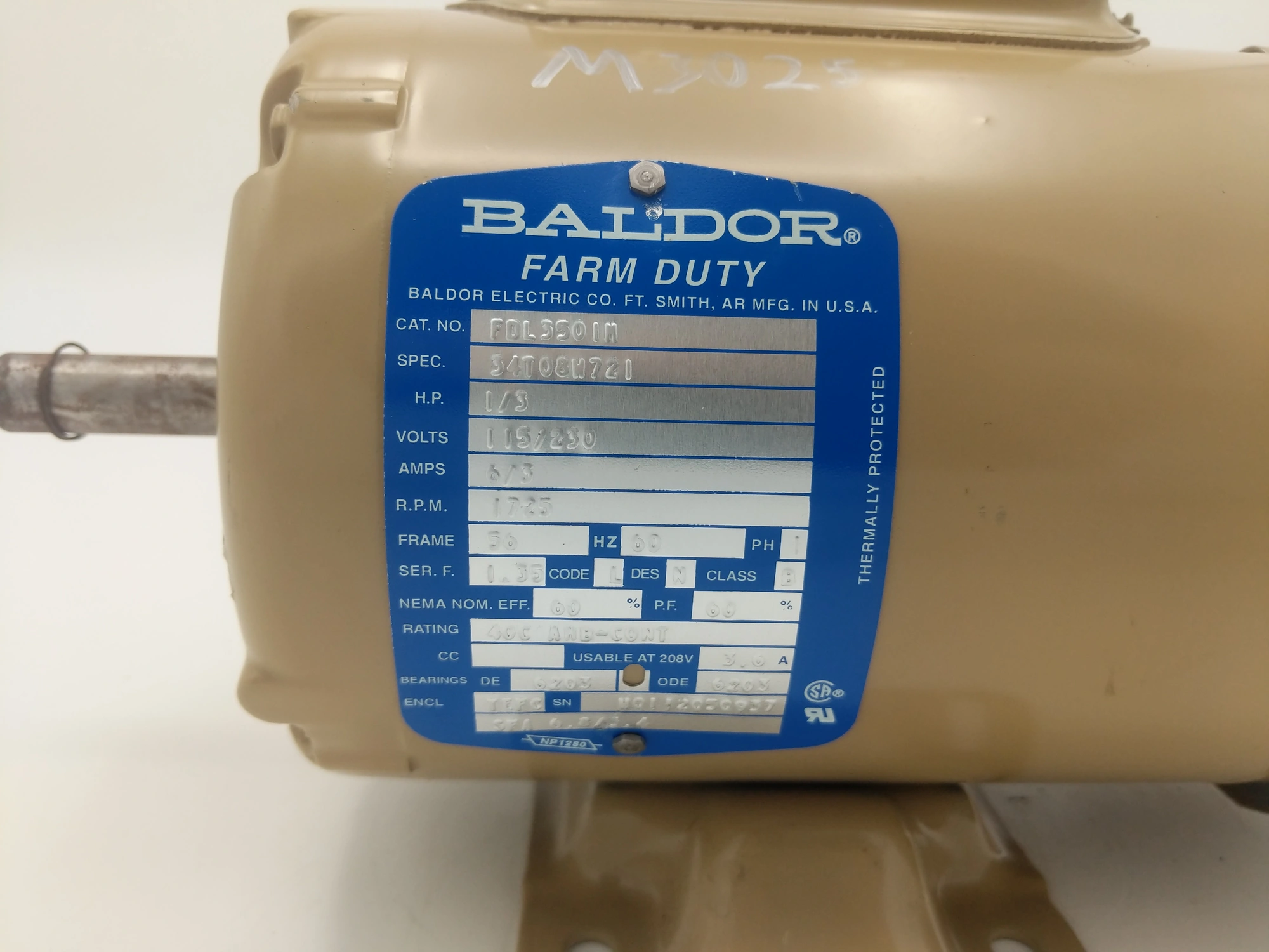 BALDOR .33 HP, 1725 RPM, 56 FRAME MOTOR