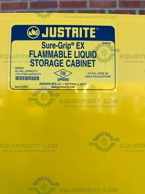 USED JUSTRITE 45 GALLON FLAMMABLE LIQUID STORAGE CABINET W/ SOFT CLOSE DOORS, KEY