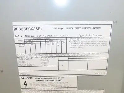 Eaton Cutler Hammer DH323FGKJSEL Fusible Disconnect Safety Switch 100A 240V 3Ph