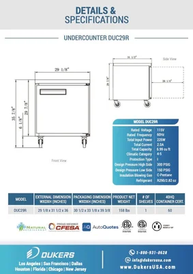 New | in-Stock Dukers New Dukers DUC29R Single Door Undercounter Refrigerator in Stainless Steel Undercounter Refrigerators Illinois US | Falcon Restaurant Supply #1376259