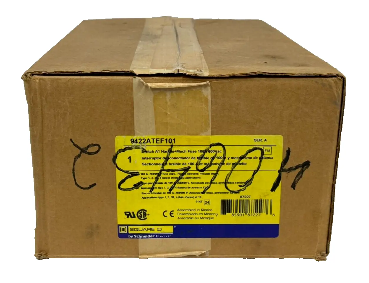 NEW SQUARE D 9422ATEF101 FUSIBLE DISCONNECT SWITCH 100A 600VAC (INCOMPLETE)