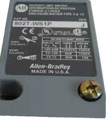 ALLEN BRADLEY 802T-WS1P LIMIT SWITCH SER. J 802TWS1P NEW, SURPLUS