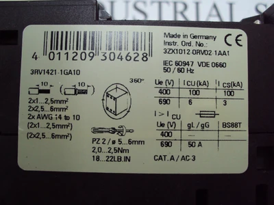 Siemens Contactor Overload Relay 3RV1421-1GA10 Controller 3ZX1012-0RV02-1AA1