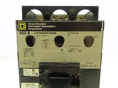 Square D LAP36400MTV6384 Circuit Breaker 3-Pole 400A 600V Shunt Trip Gray Face