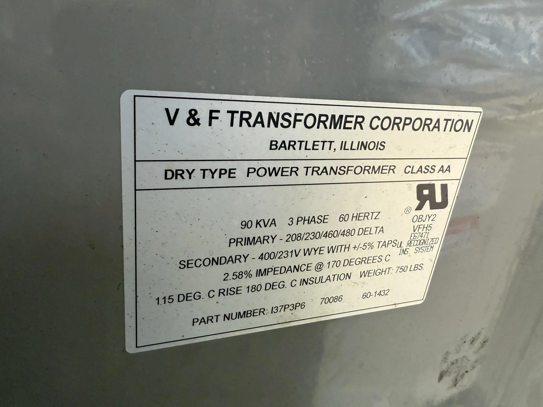 90 KVA V&F 208/230/460/480 DELTA <-> 400/231V ELECTRICAL TRANSFORMER: YOBRO #24100