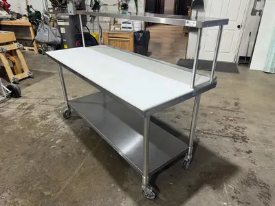 Used John Boos Used John Boos 36"x72" Stainless Table with Overshelf, Casters and Cutting Board Food Prep Tables Illinois US | Falcon Restaurant Supply #1375674