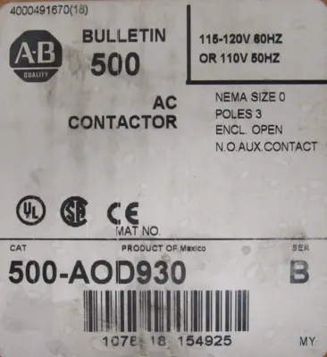 ALLEN BRADLEY 500-AOD930 AC CONTACTOR SIZE 0 SER.B 500AOD930 NEW SURPLUS