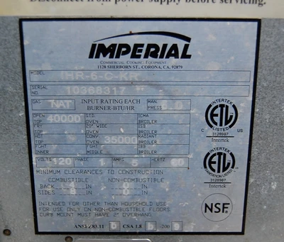 142-1125 Imperial IHR-6-C Natural Gas 6 Burner Stove w Convection Oven