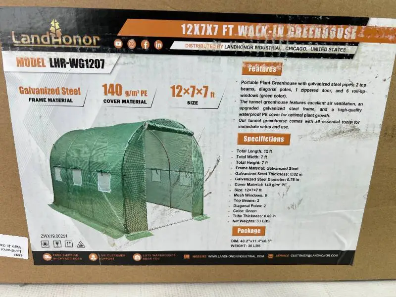 Landhonor 12 x 7 x 7 Ft Walk-in Greenhouse (LHR-WG1207)