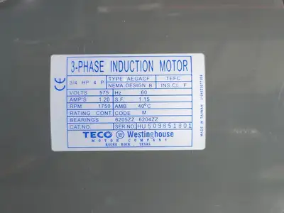 3/4 hp, 575 volts, 1750 rpm, Electric Motor