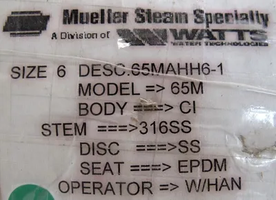 NEW MUELLER 65MAHH6-1 BUTTERFLY VALVE 6" 65M